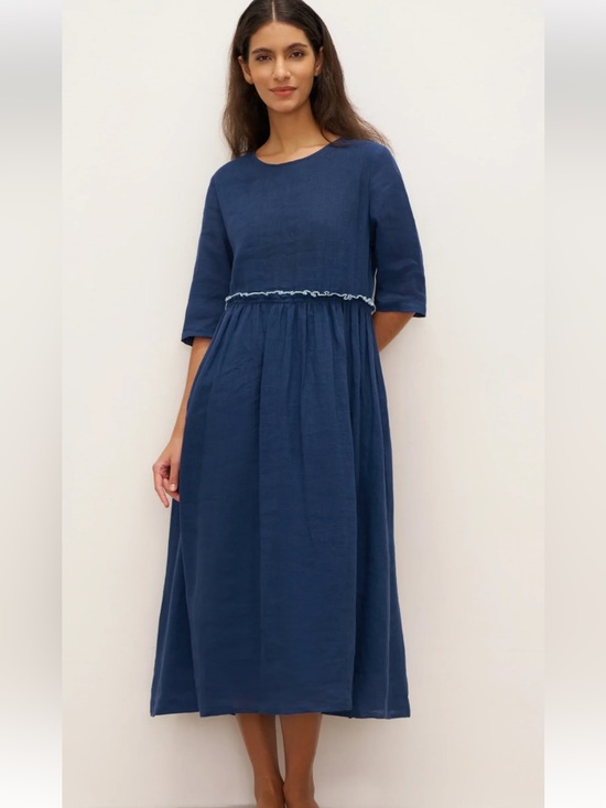 Lintico Dresses & Skirts - Blue Textured Midi Dress with Gathered Waist